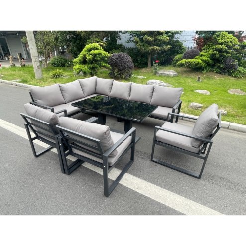 Fimous Aluminum Outdoor Garden Furniture Corner Sofa Chair Adjustable Rising Lifting Dining Table Sets Black Tempered Glass Dark Grey 9 Seater
