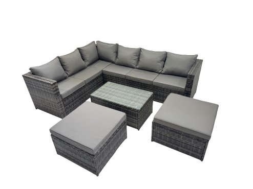Fimous Outdoor Rattan Rectangular Coffee Table Corner Sofa Sets Garden Furniture Set with 2 Big Stools Dark Grey Mixed