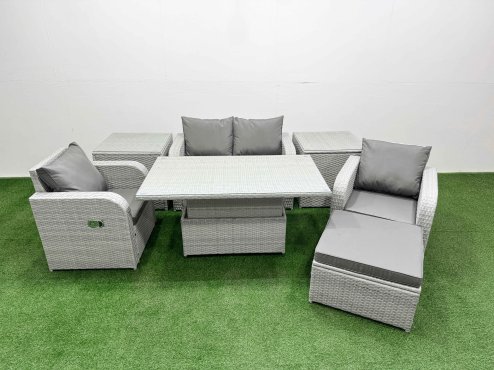 Fimous Light Grey PE Wicker Rattan Garden Furniture Set Sofa Set Reclining Chair Adjustable Lifting Dining or Coffee Table 5 Seater With Footstool 2 Side Table