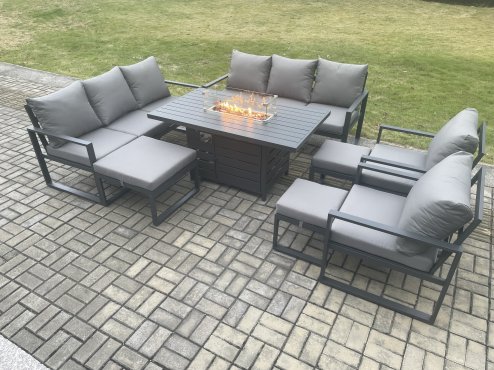 Fimous Aluminium Outdoor Garden Furniture Set Patio Lounge Sofa Gas Fire Pit Dining Table Set with 3 Footstools Dark Grey