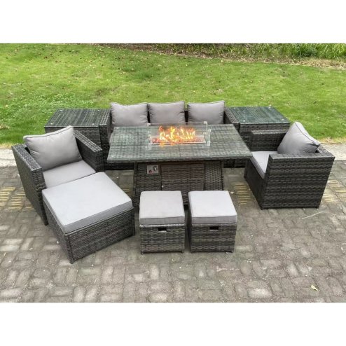 Fimous Wicker PE Rattan Garden Furniture Set Gas Fire Pit Dining Table Gas Heater Burner With 2 Armchairs 2 Side Tables Footstools 8 Seater Dark Grey Mixed