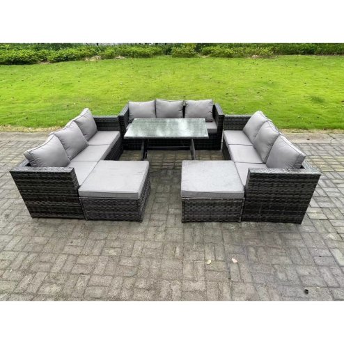 Fimous 11 Seater Wicker PE Rattan Outdoor Furniture Lounge Sofa Garden Dining Set with Dining Table 2 Big Footstools Dark Grey Mixed