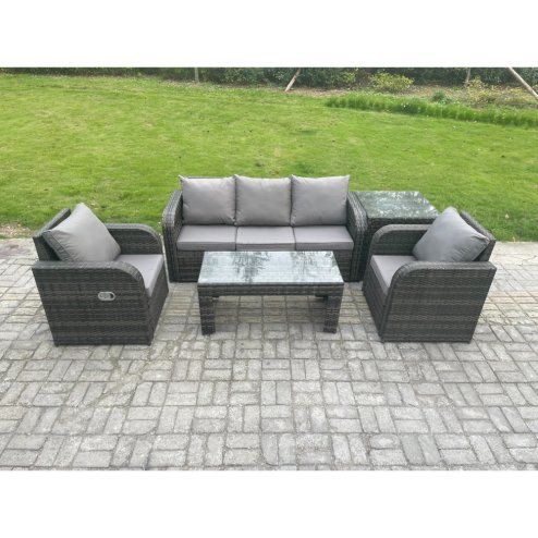 Fimous Wicker PE Rattan Garden Furniture Set Outdoor Lounge Sofa Set with Reclining Chair Coffee Table Side Table Dark Grey Mixed