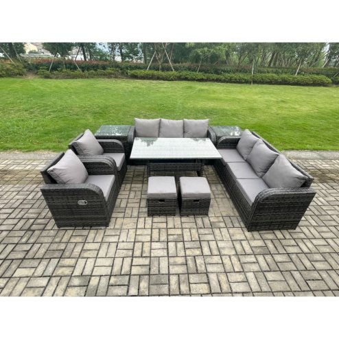 Fimous Outdoor Garden Patio Furniture Wicker Rattan Oblong Rectangular Dining Table and Lounge Sofa set with Adjustable Chair 2 Side Tables 2 Small Footstools Dark Grey Mixed
