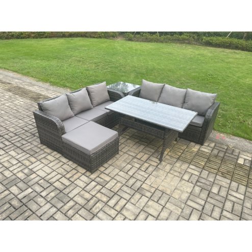 Fimous Rattan Garden Furniture Set with Oblong Rectangular Dining Table Big Footstool Side Table 5 Pieces Outdoor Lounge Sofa Set Dark Grey Mixed