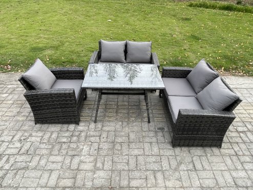 Fimous 5 Seater Wicker PE Rattan Garden Dining Set Outdoor Furniture Sofa with Rectangular Dining Table Double Seat Sofa Dark Grey Mixed