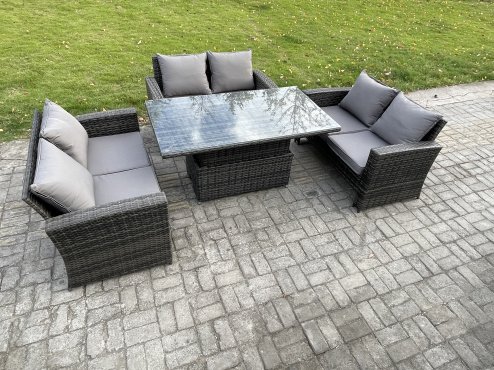Fimous 6 Seater Rattan Wicker Garden Furniture Patio Conservatory Sofa Set with Height Adjustable Rising Lifting Table Double Seat Sofa