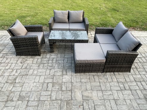 Fimous 5pcs Rattan Outdoor Garden Furniture Sofa Set with Coffee Table Big Footstool Dark Grey Mixed