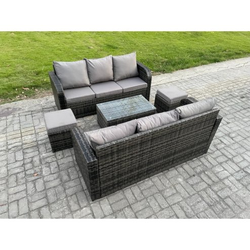 Fimous Outdoor Garden Furniture Sets 8 Seater Wicker Rattan Furniture Sofa Sets with Rectangular Coffee Table 3 Seater Sofa 2 Small Footstools Dark Grey Mixed