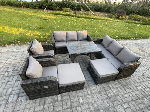 Fimous Rattan Garden Furniture Dining Set 10 seater Patio Rectangular Table 2 Big Footstool Dark Grey Mixed