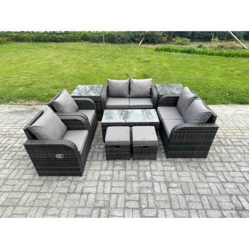 Fimous 9 Piece Rattan Garden Furniture Set Outdoor Patio Sofa, Table and Chairs Coffee Table 2 Small Footstools Ideal for Pool Side, Balcony, Outdoor and indoor Conservatory Patio Set