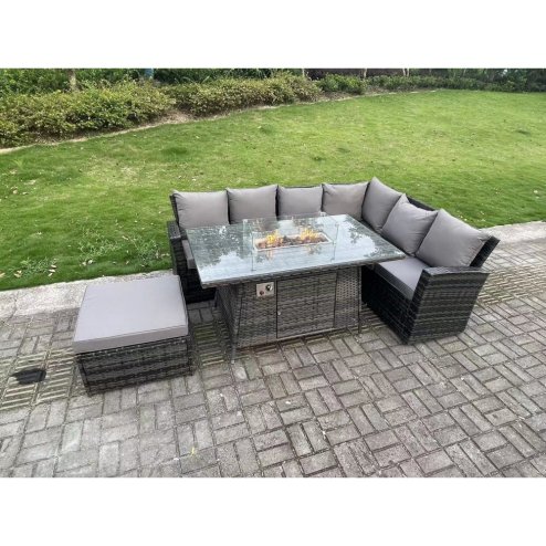 Fimous 7 Seater?Outdoor High Back Rattan Gas Fire Pit Corner Sofa Dining Set Garden Furniture Heater Dining Table Dark Grey Mixed Right Side