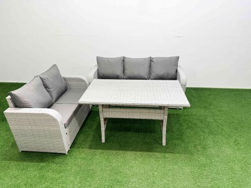 Fimous 5 Seater PE Rattan Wicker Garden Furniture Patio Conservatory Sofa Set with Rectangular Dining Table 3 Seater Sofa Love Sofa