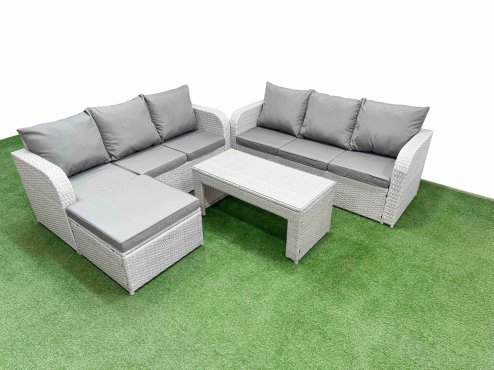 Fimous Outdoor Garden Furniture Sets 7 Seater Wicker Rattan Furniture Sofa Sets with Oblong Coffee Table high Back Lounge Sofa Big Footstool Light Grey