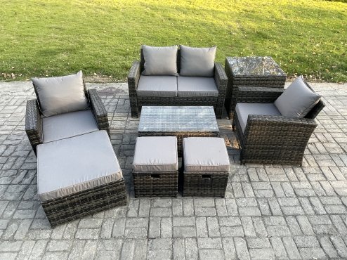 Fimous 7 Seater Outdoor Lounge Sofa Set Wicker PE Rattan Garden Furniture Set with Rectangular Coffee Table Double Seat Sofa 3 Footstools Side Table Dark Grey Mixed