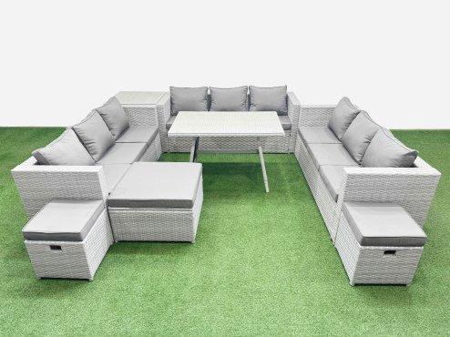 Fimous 12 Seat Outdoor Patio PE Rattan Garden Furniture with Cushions 3 Seater Sofa Side Table 3 Stool Light Grey