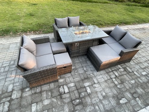 Fimous High Back Rattan Garden Furniture Sofa Sets with Outdoor Furniture Gas Firepit Dining Table Set 3 Footstools Dark Grey Mixed