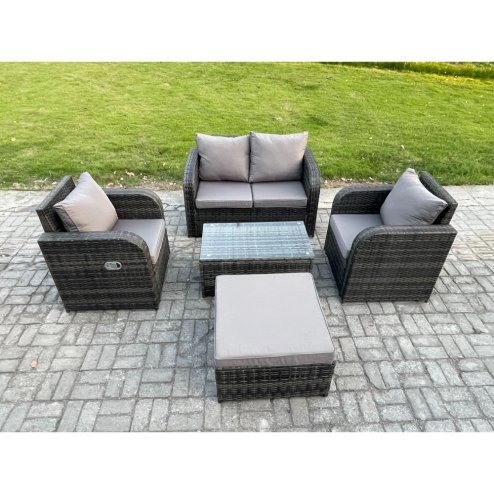 Fimous 5 PC Outdoor PE Rattan Garden Furniture Set Wicker Love Sofa Coffee Table 2 Armchair Big Footstool Dark Grey Mixed