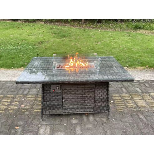 Fimous 8 Seater Wicker PE Rattan Garden Furniture Set Gas Fire Pit Dining Table Gas Heater Burner With 2 Armchairs Side Tables Footstools Dark Grey Mixed