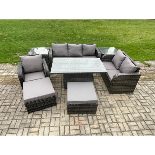 Fimous 8 Seater Outdoor Rattan Garden Furniture Set Height Adjustable Rising lifting Dining Table Love Sofa Chair With 2 Side Tables 2 Big Footstool Dark Grey Mixed