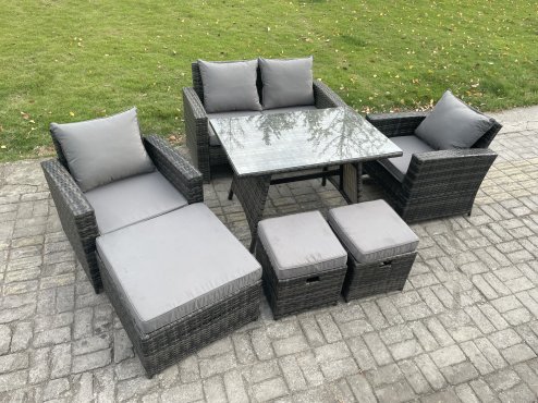 Fimous Rattan Wicker Garden Furniture Patio Conservatory Sofa Set with Rectangular Dining Table Armchair 2 Seater Sofa 3 Footstools
