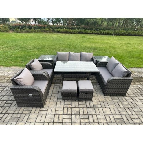 Fimous 9 Seater Garden Rattan Furniture Dining Table Sofa Set Indoor Outdoor with 2 Reclining Chairs 2 Side Tables 2 Small Footstools Dark Grey Mixed