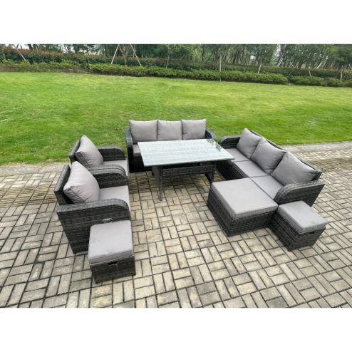 Fimous Outdoor Garden Patio Furniture Wicker Rattan Oblong Rectangular Dining Table and Lounge Sofa set with Adjustable Chair 3 Footstool Dark Grey Mixed