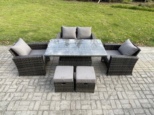 Fimous Outdoor Garden Dining Sets 6 Seater Rattan Patio Furniture Sofa Set with Rising Lifting Table 2 Small Footstool Dark Grey Mixed