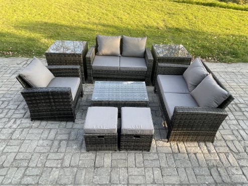 Fimous Rattan Garden Furniture Set 7 Seater Patio Outdoor Lounge Sofa Chair Set with Rectangular Coffee Table 2 Small Footstools 2 Side Tables Dark Grey Mixed