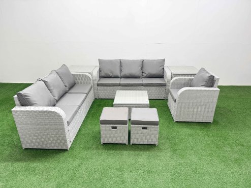 Fimous 9 Seater Poly Rattan Outdoor Garden Furniture Square Coffee Table Sofa Set Patio 3 Seater Sofa Reclining Chair 3 Seater Sofa Stools 2 Side Table Light Grey