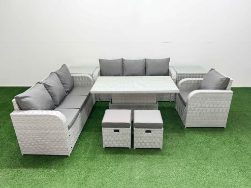 Fimous 9 Seater Poly Rattan Outdoor Garden Furniture Adjustable Lifting Dining or Coffee Table Sofa Set Patio 3 Seater Sofa Reclining Chair 3 Seater Sofa Stools 2 Side Table Light Grey