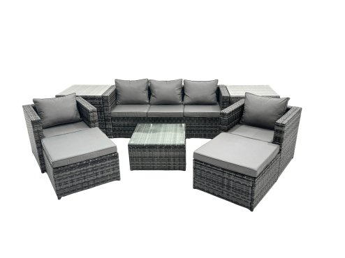 Fimous Outdoor Rattan Garden Furniture Set 7 Seater Patio Lounge Sofa Set with Armchair Square Coffee Table 2 Side Tables 2 Big Footstool Dark Grey Mixed