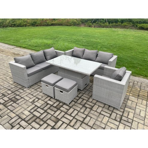 Fimous 9 Seater Outdoor PE Rattan Garden Funiture Set Height Adjustable Rising Lifting Table Sofa Dining Set with Armchair 2 Small Footstools