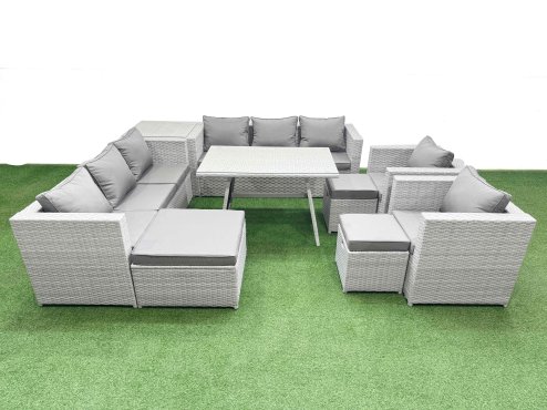 Fimous 11 Seater Garden Furniture Set PE Ratten Garden Sofa Set with Rectangular Dining Table 3 Stool Side Table Light Grey