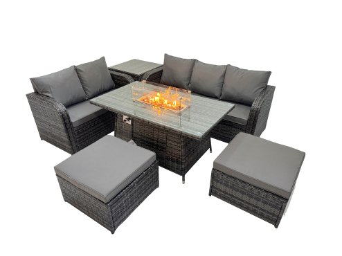 Fimous Garden Outdoor Rattan Furniture Set Rattan Love Sofa 3 Seater Sofa with 2 Big Footstools Side Table Dark Grey Mixed