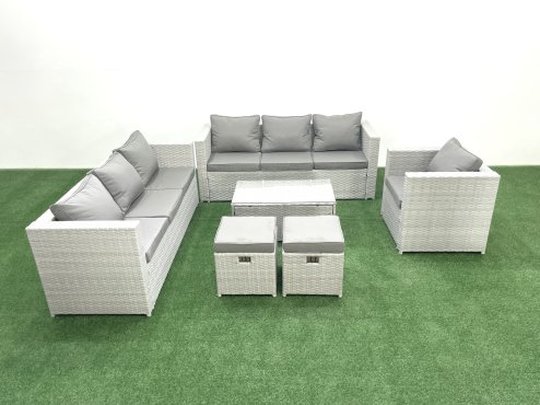 Fimous Wicker PE Rattan Sofa Garden Furniture Set with Armchair Oblong Coffee Table 2 Small Footstools Light Grey Mixed