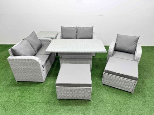 Fimous High Back Poly Rattan Garden Furniture Set with Reclining Chair Loveseat Sofa Adjustable Lifting Dining or Coffee Table Indoor Outdoor Patio Set 2 Big Stool Side Table Light Grey