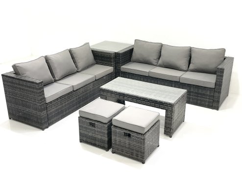 Fimous Garden Outdoor Rattan Furniture Set with Sofa Coffee table 2 Small Footstools Side Table Dark Grey Mixed
