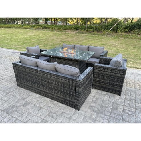 Fimous Outdoor Rattan Garden Furniture Gas Fire Pit Table Sets Gas Heater Lounge Chairs Dark Grey 8 Seater