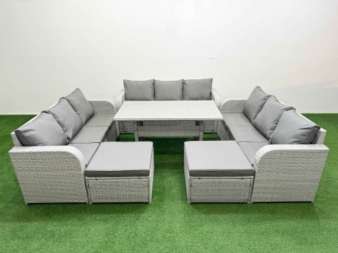 Fimous PE Rattan Lounge Sofa Set 11 Seater Outdoor Garden Furniture Set with Rectangular Dining Table 3 Seater Sofa 2 Big Footstools Light Grey