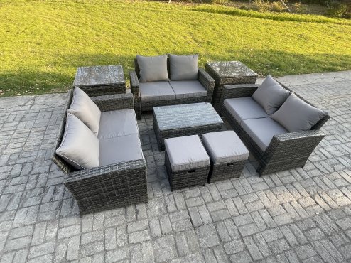Fimous 8pc Rattan Sofa Garden Furniture Outdoor Patio Set with 2 Side Tables 2 Small Footstools Love Seat Sofa Dark Grey Mixed