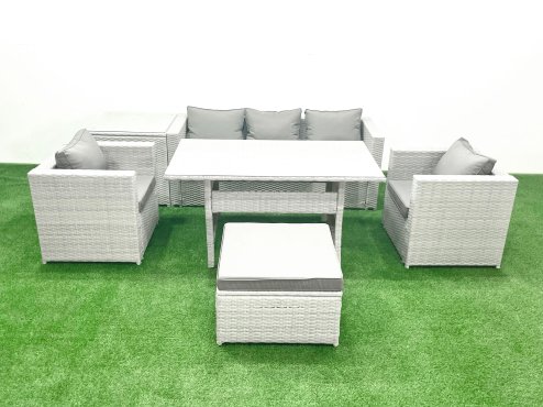Fimous Garden Dining Set Outdoor Rattan Furniture Set with Sofa Dining Table 2 Chairs Big Footstool Side Table Light Grey Mixed
