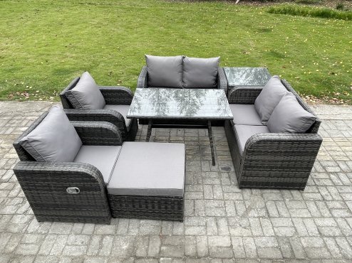 Fimous Wicker PE Rattan Garden Dining Set Outdoor Furniture Sofa with Rectangular Dining Table Big Footstool Side Table Dark Grey Mixed