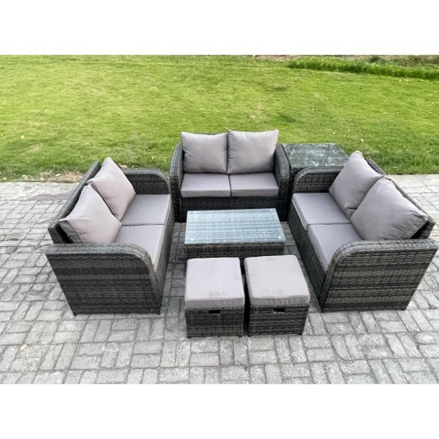 Fimous Outdoor Garden Furniture Sets 8 Seater Wicker Rattan Furniture Sofa Sets with Rectangular Coffee Table Love Sofa Side Table 2 Small Footstools Dark Grey Mixed
