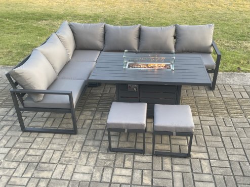 Fimous Aluminium Patio Outdoor Garden Furniture Corner Sofa Set Gas Fire Pit Dining Table with 2 Small Footstools Dark Grey