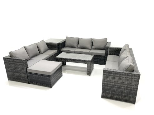 Fimous Outdoor Garden Furniture Set 10 Seater Rattan Sofa Set with Coffee Table Big Footstool Side Table Dark Grey Mixed