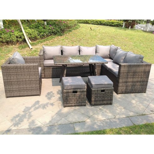 Fimous 9 Seater Grey Rattan Corner Sofa Set Dining Table Armchair Foot Rest Garden Furniture Outdoor