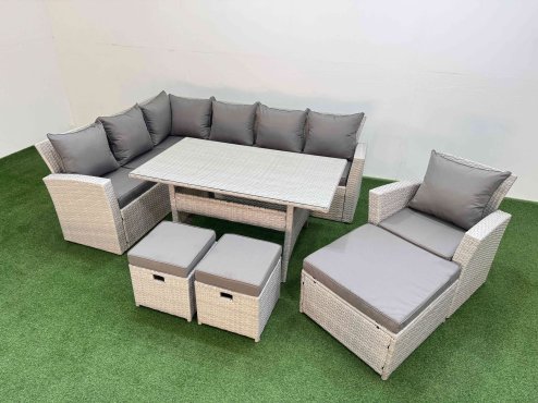 Fimous 10 Seater Rattan Garden Furniture Set Outdoor Patio Dining Corner Sofa Sets with Dining Table Chair 3 Footstools Light Grey Mixed