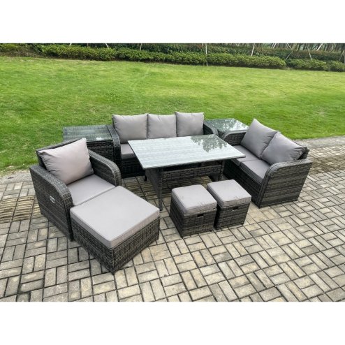 Fimous 9 Piece Garden Rattan Furniture Dining Table Sofa Set Indoor Outdoor with Reclining Chairs 2 Side Tables 3 Footstools Dark Grey Mixed