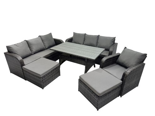 Fimous 9 Seat Outdoor Wicker PE Rattan Garden Furniture Set Dining Table Sofa Set with 2 Big Stool Dark Grey Mixed